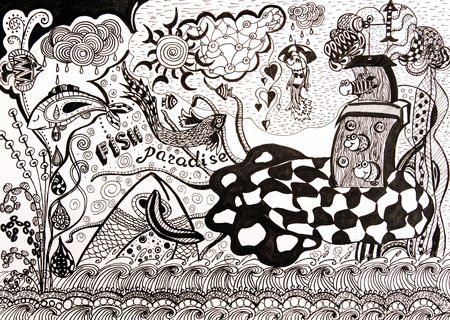 Fish paradise. Black white hand drawn illustration. Doodle styleの写真素材