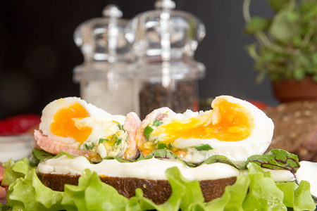 Toast with salmon, pepper, cream cheese, chives and poached egg on black slate. Healthy food conceptの写真素材