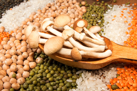 Honey agarics honey fungus honey mushrooms edible mushrooms in wooden spoon against background raw cereal beens on wooden background: couscous, yellow and green lentils, mung beans, chickpeas, rice. Close upの写真素材