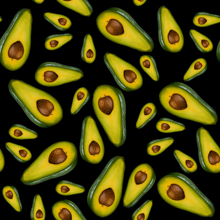 Seamless pattern hafs of avocado isolated on black background. Healthy clean vegetarian eating...