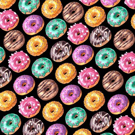 Watercolor hand drawn sketch illustration of colorful glazed donuts isolated on black backgroundの写真素材