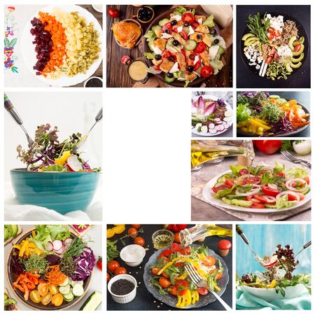 Food set collage of various pictures of salad vegetarian with vegetables and salad with meatの写真素材