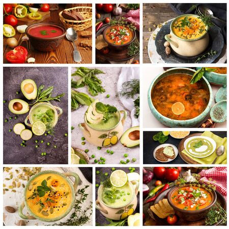 Food set collage of various pictures of healthy vegetarian soup. IPampkin tomato green pea and other ingredients. Copy spaceの写真素材