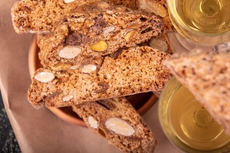Traditional italian Christmas New Year dry cookies biscuits biscotti cantuccini. Biscotti di Prato. top viewの写真素材