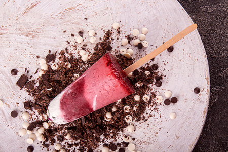 Strawberry ice cream lolly pops with whipped cream decorated chocolate on white wooden background. Top viewの写真素材