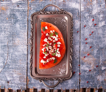 Grilled watermelon with feta cheese, chili pepper and mint on vintage tray. BBQ healthy food concept. blue wooden background. copy space. top viewの写真素材