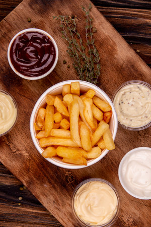 French fries chips potato and sauces on wooden background. top viewの写真素材