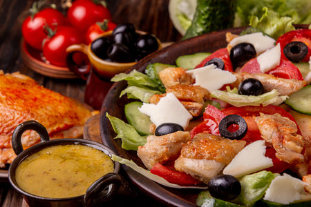 Vegetable and meat salad of mozzarella, cheese, olives, chicken, cucumber, tomatoes. Low carb dietary food.の写真素材