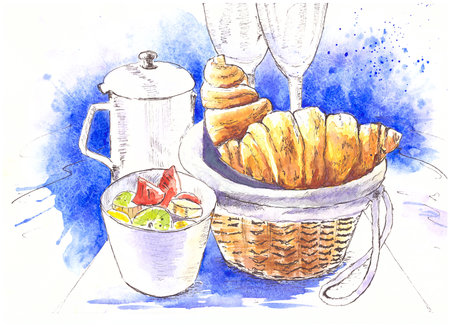 croissants in a basket, light fruit salad, breakfastの写真素材