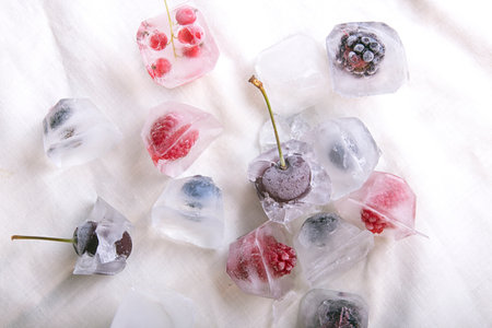 Frozen berries (raspberries, blackberries, blueberries, red currant, cherry) in ice cube over white...