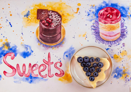 Homemade cheesecake decorated with blueberry over on watercolor drawing background. Top view