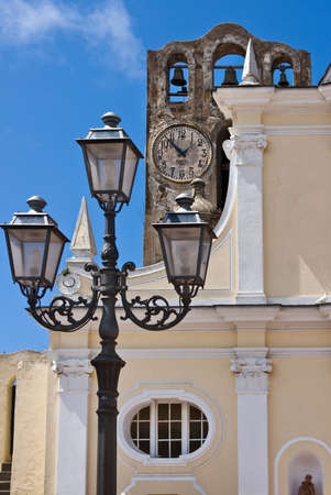Streetlight and church bell tower, Anacapri, Capri, Italyの写真素材