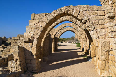 Ruins of the ancient Romanian harbor, Caesarea, Israelの写真素材