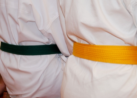 Sportsmen in kimono with multi-colored beltsの写真素材