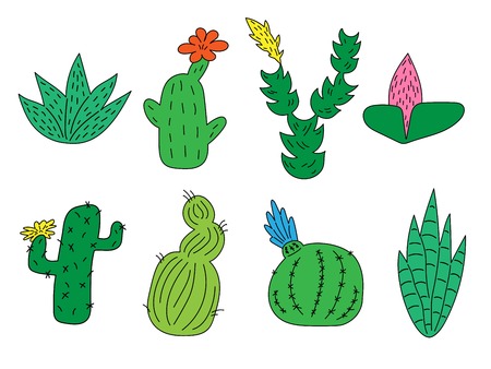 Set of hand drawn cute funny cacti and succulents. Isolated objects on white background. icons, emoticons, stickers.のイラスト素材