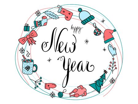 lettering Happy new year. Inscription in wreath with winter objects on a whiteのイラスト素材