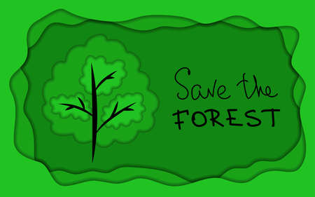 Vector image. One tree on a green background with hand lettering in the style of paper art. Save the forest.のイラスト素材