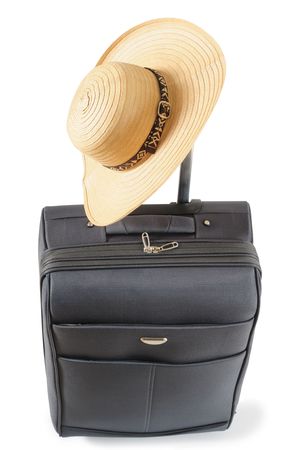 Sun hat on travel bag.の写真素材