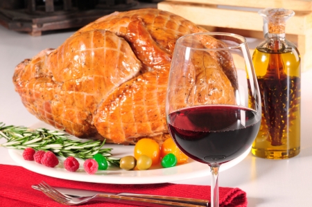 Wine and roasted turkey.の写真素材