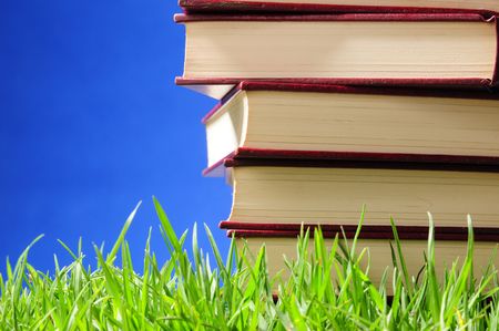 Books on green grass. Educational concept.の写真素材