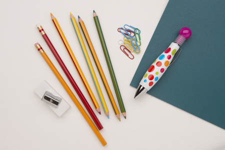 School objects on a table on a white backgroundの写真素材