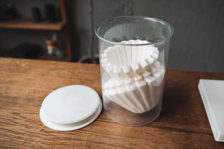 barista dripping coffee and slow coffee wooden bar styleの写真素材