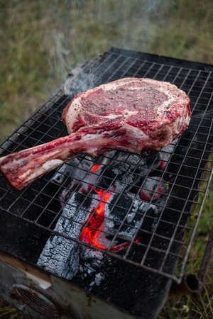 Sliced grilled thai steak served on white plate with grilled sliced lemon, tomatoes, garlicの写真素材