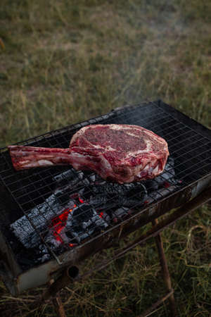 Sliced grilled thai steak served on white plate with grilled sliced lemon, tomatoes, garlicの写真素材
