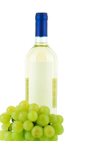 Bottle of white wine and grape isolated on white backgroundの写真素材