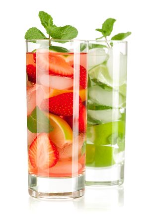 Cocktail collection: Strawberry and classic mojito isolated on white backgroundの写真素材