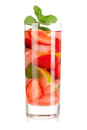 Cocktail collection: Strawberry mojito with lime and mint isolated on white backgroundの写真素材