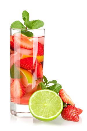 Cocktail collection: Strawberry mojito with lime and mint isolated on white backgroundの写真素材