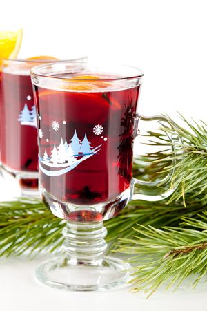 Mulled wine (Punch) with orange slices and cinnamonの写真素材