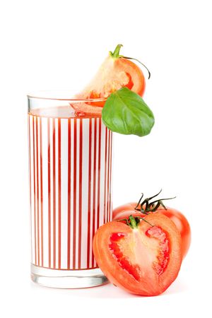 Fresh tomato juice with basil isolated on white backgroundの写真素材