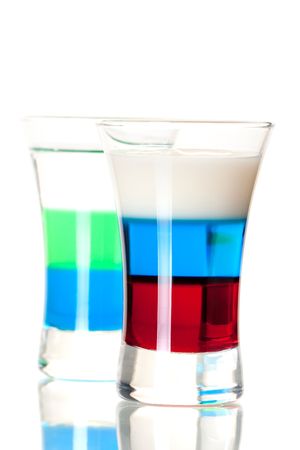 Shot cocktail collection: Anabolic and Russian Flag alcohol cocktails isolated on white backgroundの写真素材