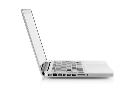 Aluminum laptop with glossy screen. Isolated on white backgroundの写真素材