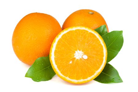 Fresh juicy oranges with green leafs. Isolated on white backgroundの写真素材