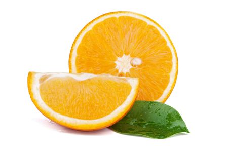 Fresh juicy oranges with green leafs. Isolated on white backgroundの写真素材