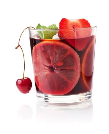 Cocktail collection - Refreshing fruit sangria with strawberry, orange and cherry. Isolated on whiteの写真素材