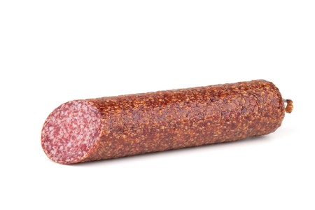 Italian salami sausage. Isolated on white backgroundの写真素材