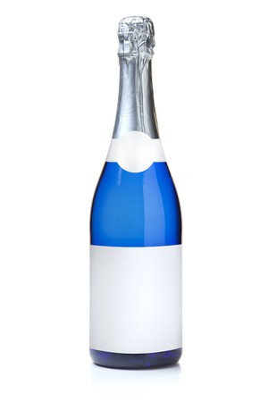 Blue champagne bottle. Isolated on white backgroundの写真素材