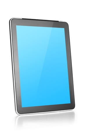 Touch screen tablet computer with blue background. Isolated on whiteの写真素材