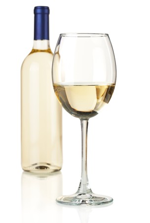 White wine in bottle and glass. Over whiteの写真素材