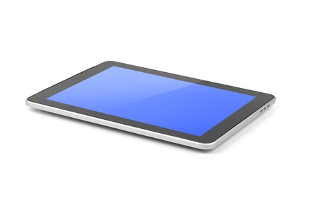 Touch screen tablet computer with blue gradient background. Isolated on whiteの写真素材