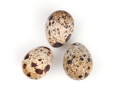 Three quail eggs. Isolated on white backgroundの写真素材