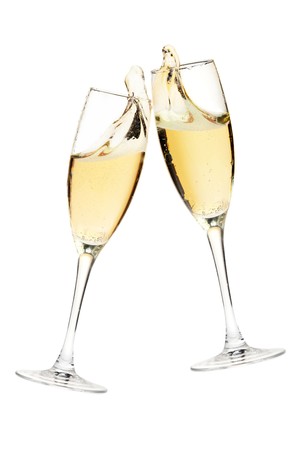 Cheers! Two champagne glasses. Isolated on whiteの写真素材