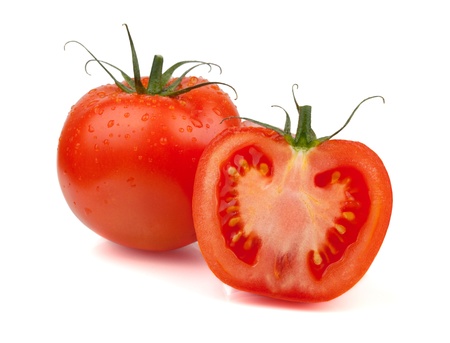 Fresh tomatoes with water drops. Isolated on white background