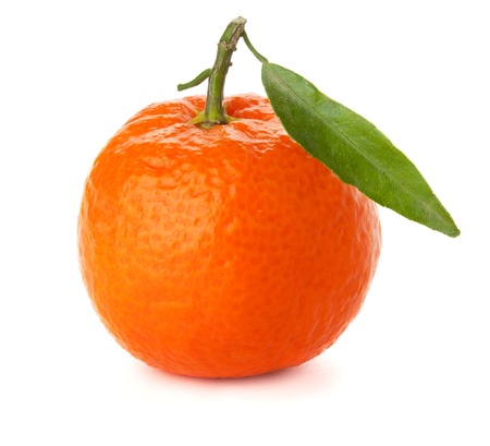 Ripe tangerine with green leaf. Isolated on whiteの写真素材