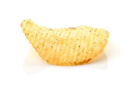Spicy potato chips isolated on white backgroundの写真素材