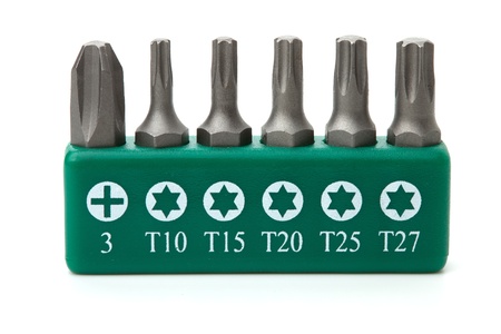 Tools collection - Set of heads for screwdriver (bits). Isolated on white backgroundの写真素材